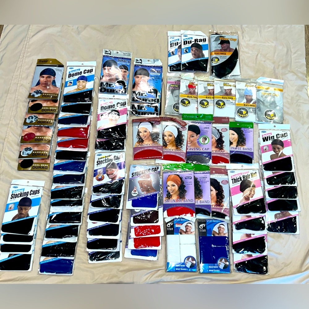 Durag, wave cap, hair nets, wig cap, sport bands - 68 piece Lot New in Bags